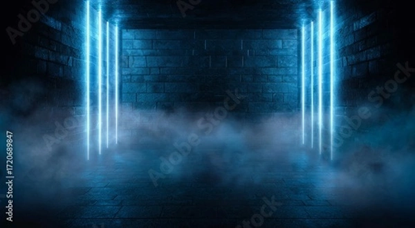 Obraz Abstract Blue Neon Lit Brick Room with Fog
