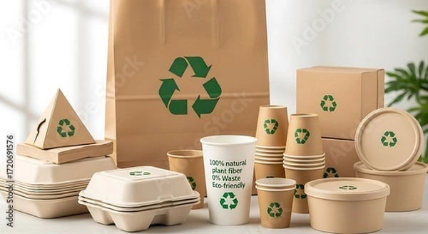 Fototapeta Eco-friendly packaging solutions for sustainable business practices with compostable food containers and recycled paper bags for restaurants and cafes