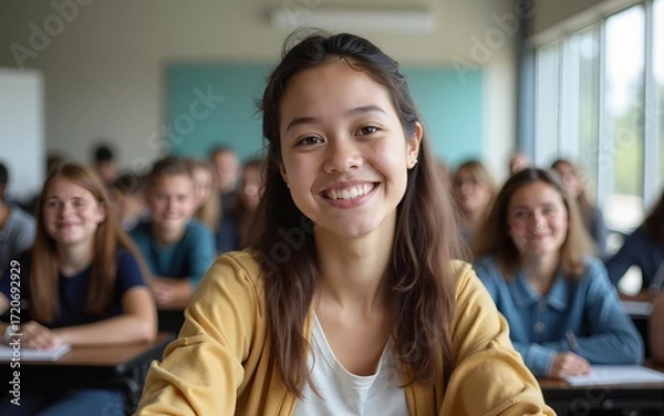 Obraz Portrait of happy smiling student at high school class. High quality