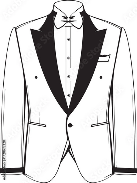 Fototapeta Elegant Tuxedo: A stylish tuxedo, a symbol of sophistication and classic style for formal events, featuring a pristine white coat paired with a sharp black lapel, bowtie and pocket square.