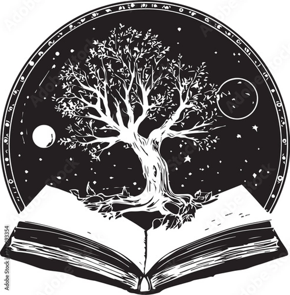 Fototapeta Symbolic Open Book with Tree of Life: A captivating illustration depicting an open book with a stylized Tree of Life growing from its pages.