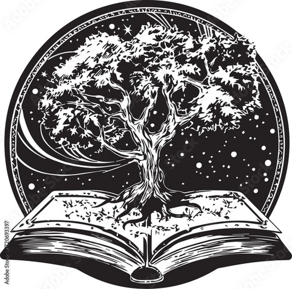 Fototapeta The Book of Wisdom: An artistic depiction of an open book bearing a detailed tree of life within it. This symbolic illustration evokes a sense of knowledge, growth.
