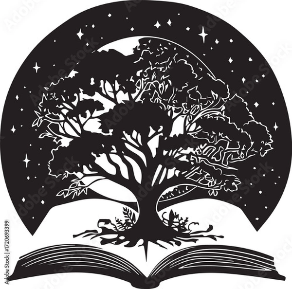 Fototapeta Enchanted Tree in the Starlit Book: A captivating artistic illustration shows a majestic tree emerging from an open book, set against a celestial backdrop of stars and moon.
