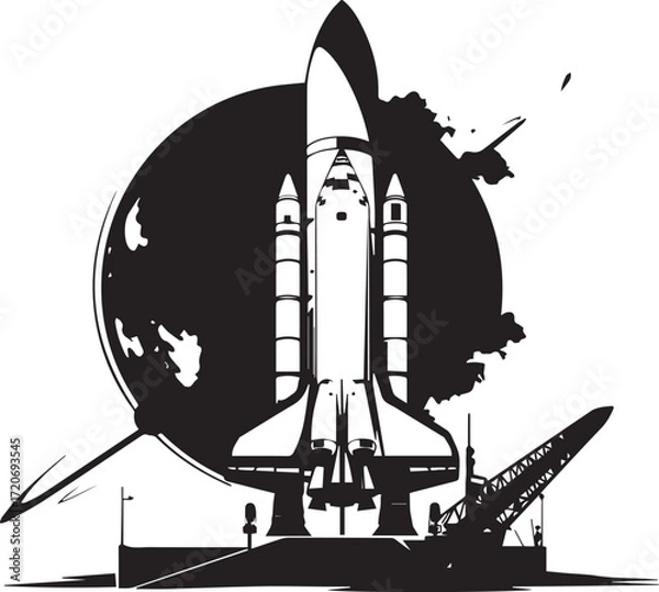 Fototapeta Spacecraft Silhouette: A striking monochrome illustration depicts a spacecraft poised on its launchpad, with the celestial sphere looming behind.