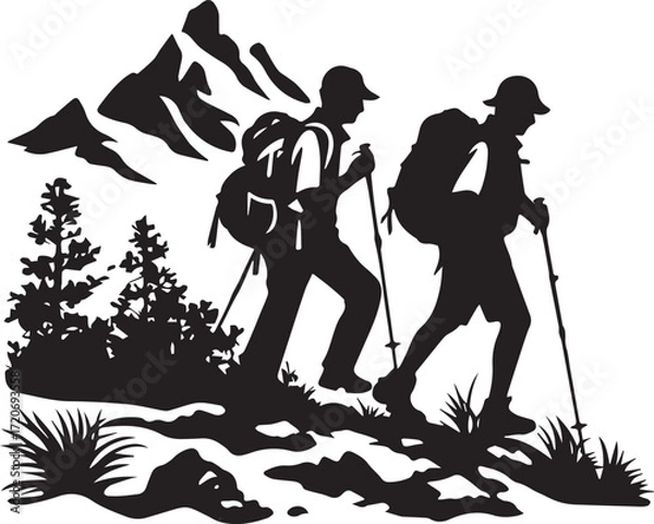 Fototapeta Mountain Hikers' silhouette: Two determined hikers traverse a rugged mountain path, with majestic peaks rising in the background, symbolizing resilience and the spirit of adventure.