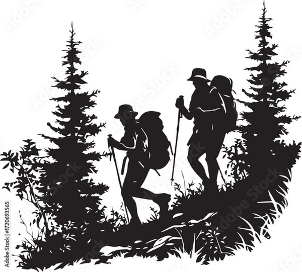 Fototapeta Hiking Adventure Silhouette: Silhouetted figures, equipped with backpacks and trekking poles, embark on a scenic hiking trail surrounded by towering trees.