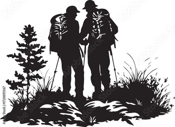 Fototapeta Adventure in Shadows: A pair of adventurers, silhouetted against a textured background, embark on a rugged journey. Equipped with backpacks and trekking poles, they navigate an unknown path.