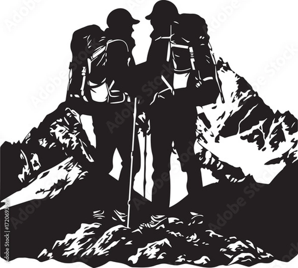 Fototapeta Peak Partnership: Silhouette of two hikers standing atop a mountain summit, sharing a moment of camaraderie. Capturing the essence of adventure and the bond forged through shared experiences.