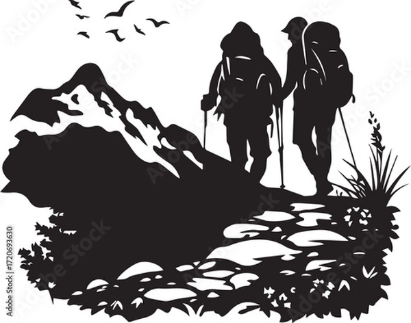 Fototapeta Mountain Ascent Silhouette: Two hikers navigate a rugged mountain trail, their silhouettes against a backdrop of majestic peaks and soaring birds.