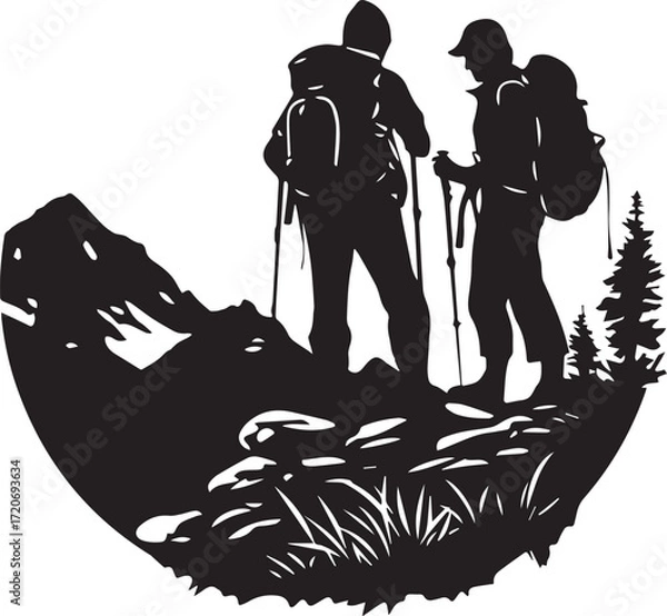 Fototapeta Silhouette of Hikers Exploring a Rugged Landscape: Two determined hikers, silhouetted against the breathtaking panorama, venture across challenging terrains, their backpacks laden with essential gear.