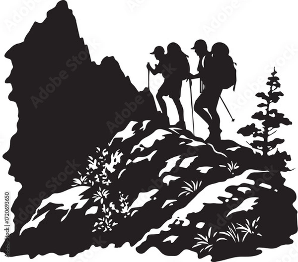 Fototapeta Climbing Silhouette on Rocky Trail: The striking silhouette of three hikers, laden with backpacks, conquering a rocky trail amidst a stark monochrome landscape.