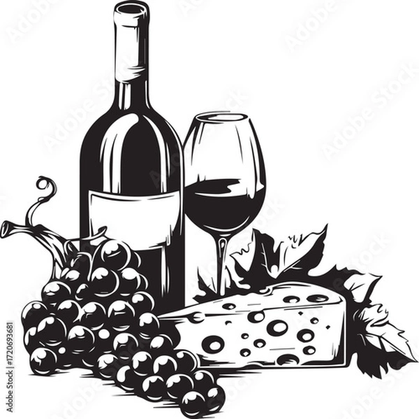 Fototapeta Wine and Dine: A striking still life composition showcases a bottle of exquisite wine, a crystal wine glass, a ripe cluster of grapes, and a tempting slice of cheese.