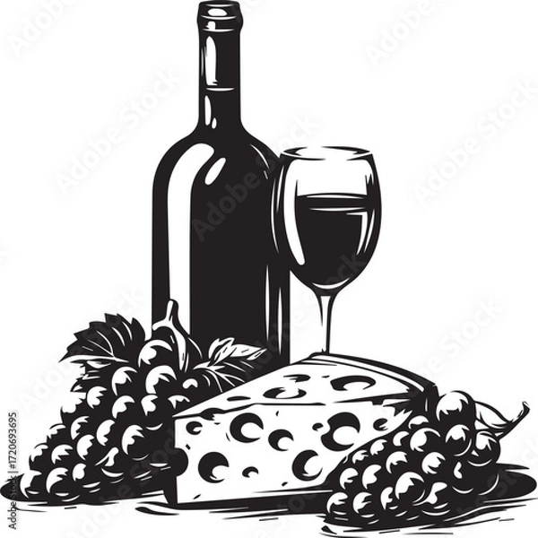 Fototapeta Wine, Cheese, and Grapes still life: a timeless illustration showcasing the classic pairing of fine wine with cheese and grapes, perfect for conveying a sense of luxury, culinary enjoyment.