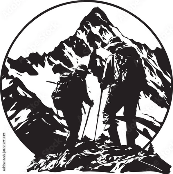 Fototapeta Mountain Ascent: Illustrative silhouette of two adventurers on a challenging climb to a mountain's summit. Evoking courage, adventure, and the allure of the great outdoors.