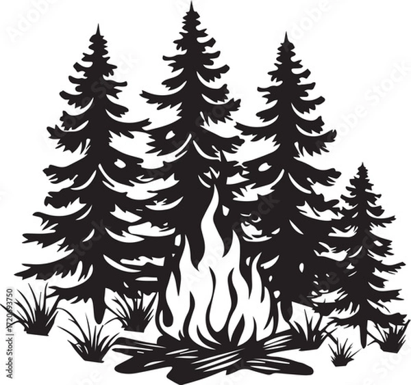 Fototapeta Campfire Scene: A silhouetted campfire crackles merrily beneath a group of towering fir trees, a visual representation of the warmth of nature.