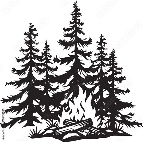 Fototapeta Campfire Silhouette in the Wilderness: A striking silhouette of a campfire burning brightly, framed by tall, majestic evergreen trees, creating a sense of warmth and wilderness adventure. 