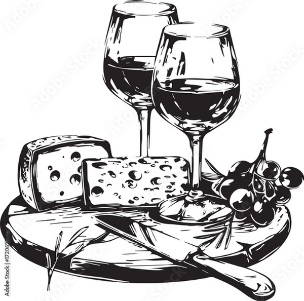 Fototapeta Wine and Cheese Pairing: An elegant illustration captures the essence of a perfect pairing, with two glasses of rich red wine, an assortment of artisanal cheeses.