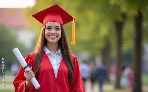 Obraz Happy smiling girl enjoy graduation day holding diploma. High quality