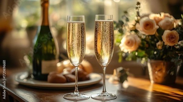 Fototapeta Romantic Setup: Two Flutes of Sparkling Champagne Prominently in Foreground, Plus Champagne Bottle, Pastries & Light Roses in Vase in Background