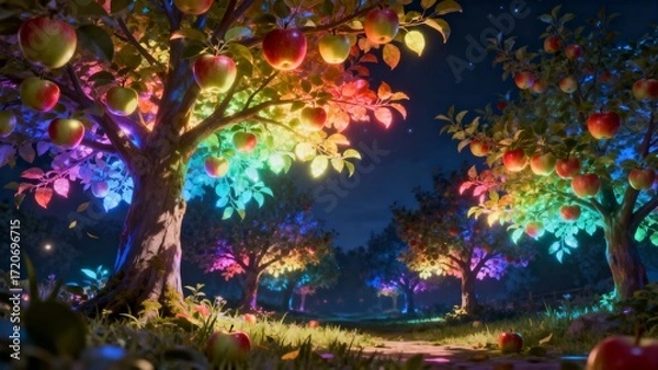 Fototapeta Colorful Apple Grove with Vibrant Lights and Red Apples