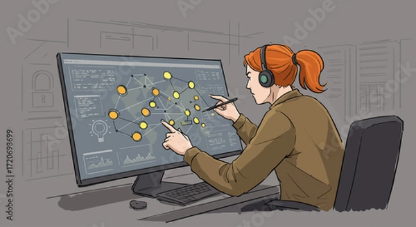 Obraz Woman Interacting with Digital Network Interface on Computer