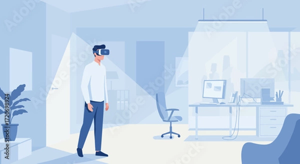 Obraz Man using virtual reality headset in modern office environment