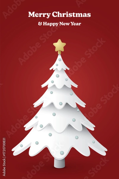 Fototapeta Merry Christmas and Happy New Year calligraphy with 3D decorated white Christmas tree on red vertical background graphic illustration.