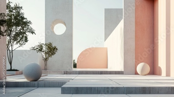 Obraz Minimalist Architectural Design: Serene Courtyard with Geometric Forms and Subtle Color Palette
