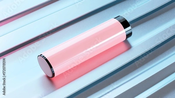 Fototapeta A realistic render of a pastel pink hair dye tube, resting neatly on a brushed metal surface