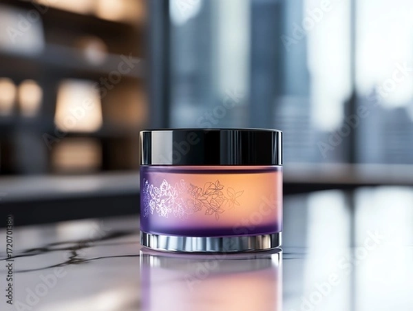 Fototapeta A realistic render of a purple hair dye jar with an intricate floral design, glowing softly on a marble counter