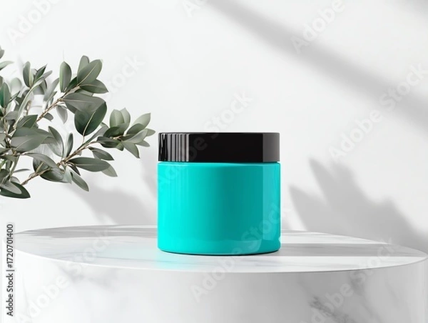 Fototapeta A realistic render of a vibrant teal hair dye tube, placed artistically against a neutral gradient backdrop