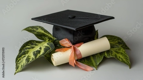 Fototapeta Graduation Cap, Diploma, and Lush Greenery: A Symbol of Academic Achievement and New Beginnings