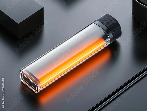 Fototapeta A realistic render of a vibrant orange hair color tube, glowing softly on a sleek metal surface