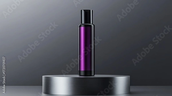 Fototapeta A realistic render of a vibrant purple hair dye tube, placed elegantly on a brushed metal platform