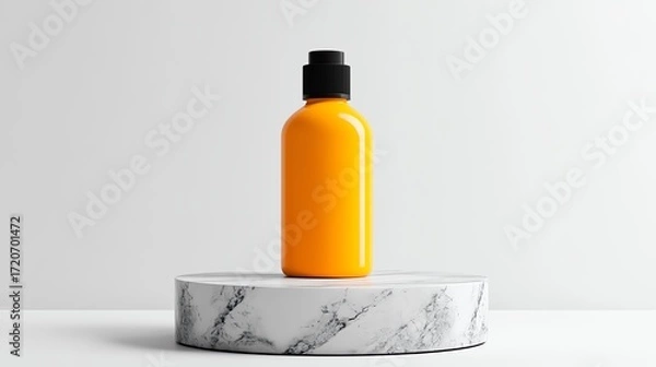 Fototapeta A realistic render of a vibrant yellow hair dye bottle, artistically displayed on a marble platform