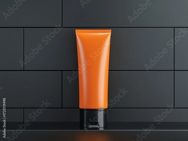 Fototapeta A realistic render of a vibrant orange hair color tube, glowing softly on a sleek metal surface