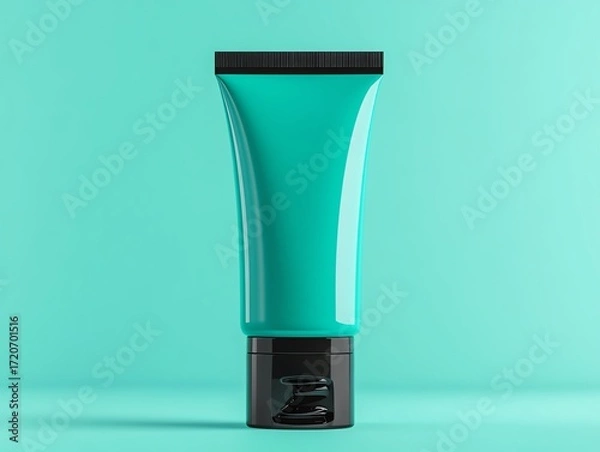 Fototapeta A realistic render of a vibrant teal hair dye tube, placed artistically against a neutral gradient backdrop