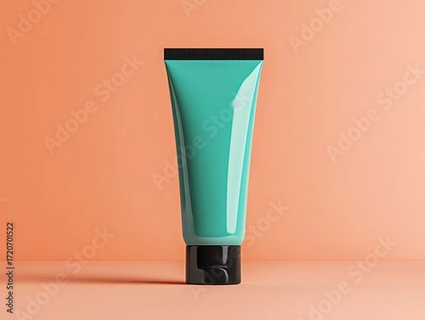 Fototapeta A realistic render of a vibrant teal hair dye tube, placed artistically against a neutral gradient backdrop