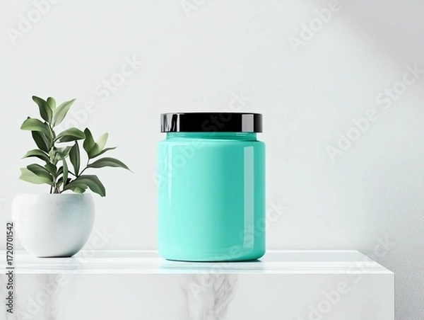 Fototapeta A realistic render of a vibrant teal hair dye tube, placed artistically against a neutral gradient backdrop