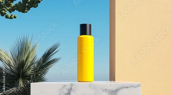 Fototapeta A realistic render of a vibrant yellow hair dye bottle, artistically displayed on a marble platform