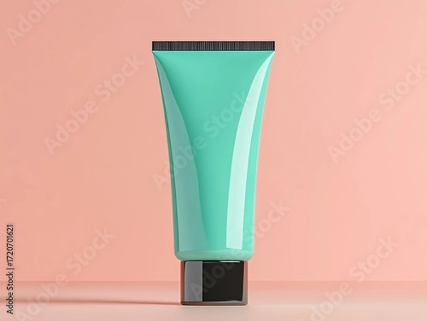 Fototapeta A realistic render of a vibrant teal hair dye tube, placed artistically against a neutral gradient backdrop