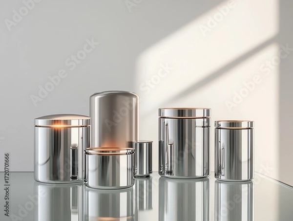 Fototapeta A set of metallic silver hair color jars, artistically arranged on a polished glass table with glowing accents