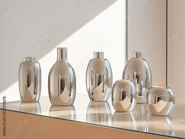 Fototapeta A set of metallic silver hair color jars, artistically arranged on a polished glass table with glowing accents