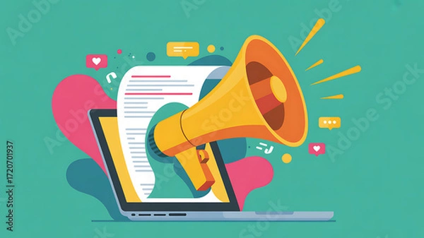 Obraz Megaphone Emerging from Laptop Screen Keywords: megaphone, laptop, computer, screen