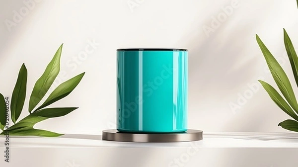 Fototapeta A vibrant teal hair dye jar, artistically displayed on a brushed metal base with subtle shadows