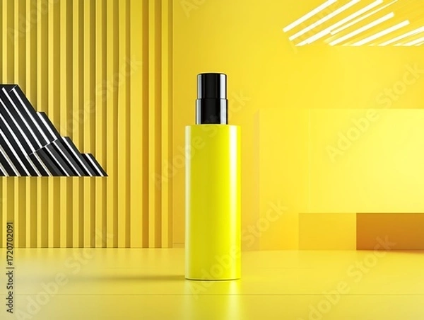 Fototapeta A vibrant yellow hair dye bottle, glowing softly in a futuristic geometric environment with sharp lighting