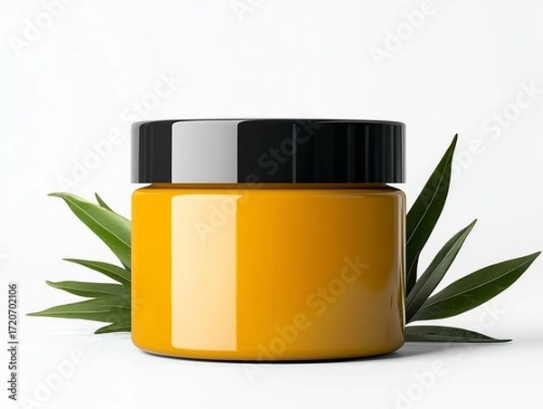 Fototapeta A vibrant yellow hair dye jar, glowing softly against a clean white background with soft shadows