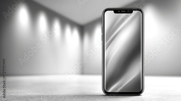 Fototapeta Modern smartphone standing on a textured surface in a minimalist indoor space