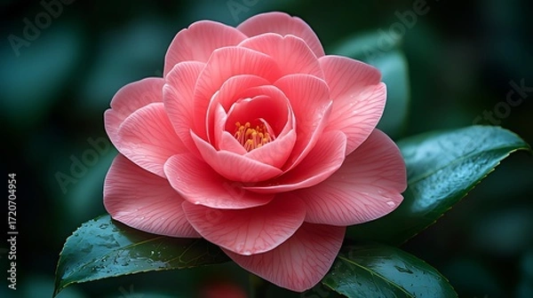 Obraz Close-Up of a Vibrant Pink Camellia: Showcasing Delicate Petals & Yellow Stamens, Adorned with Tiny Water Drops & Blurred Dark Green Leaves Background