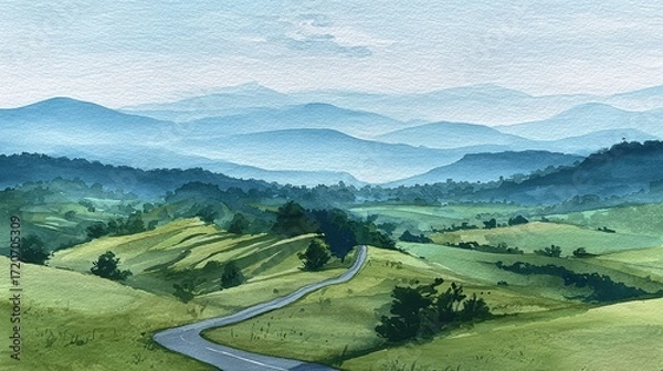 Fototapeta A serene watercolor landscape featuring rolling hills, a winding road, and distant mountains under a soft blue sky.